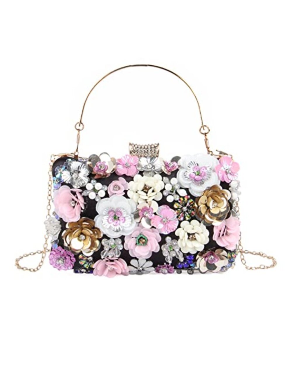 Floral Rhinestone Evening Clutch with Detachable Chain